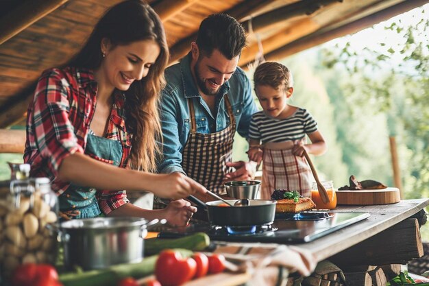 Foto familie bereitet abendessen beim camping vor