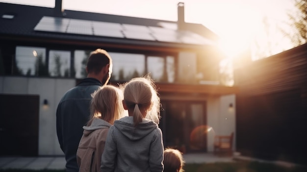 Foto familie bewundert sonnenuntergang von solarbetriebener homexa