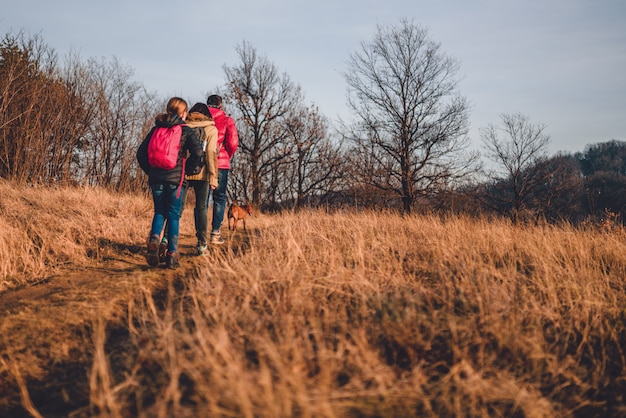 Familie, die am Berg mit Hund wandert