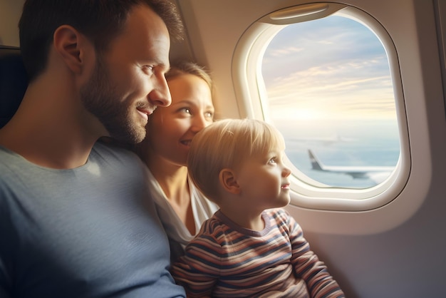 Familie, die durch ein Flugzeugfenster schaut Generative KI