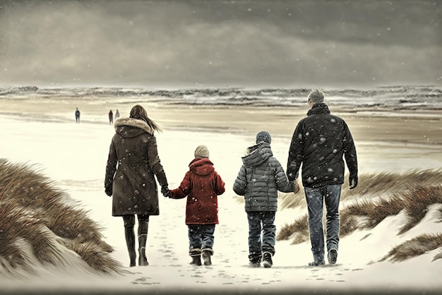 Familie, die entlang im Winterstrand geht