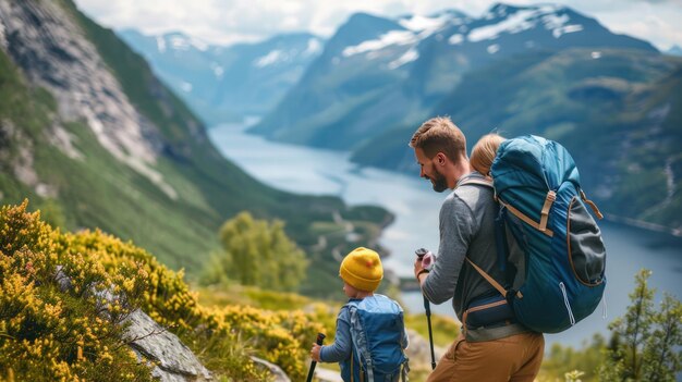 Familie, die sich auf eine Abenteuerreise im Freien amüsiert, gemeinsam in der Bergwelt unterwegs, generatives KI-Bild