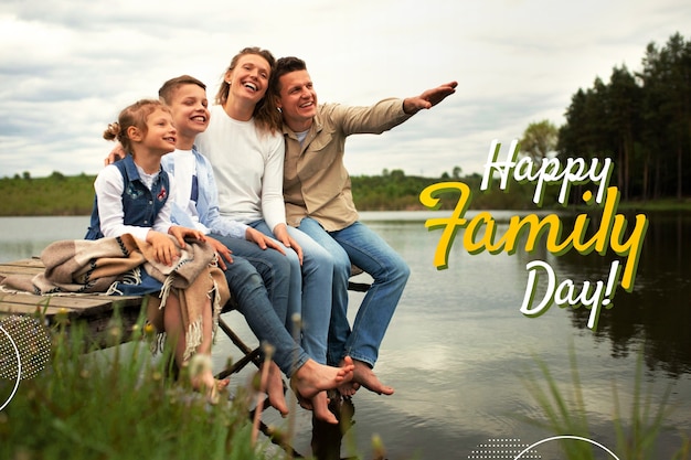 Foto familie, die sich gemeinsam im freien mit einem banner für einen glücklichen familientag erfreut