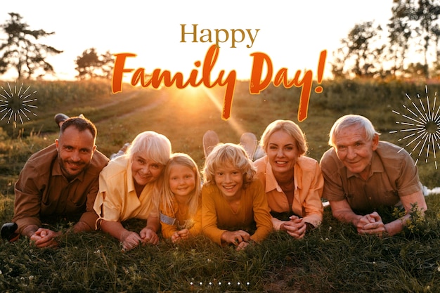 Foto familie, die sich gemeinsam im freien mit einem banner für einen glücklichen familientag erfreut