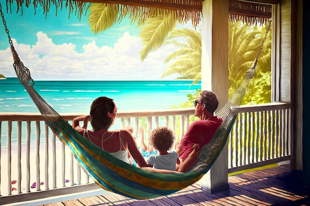 Foto familie entspannt auf der veranda mit blick auf das meer und die hängematte