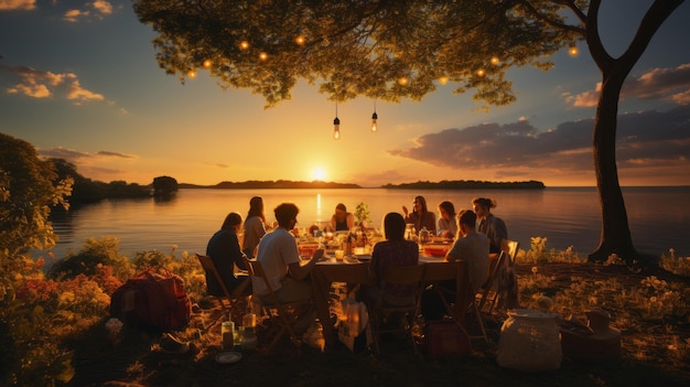 Familie feiert bei Sonnenuntergang vor einem großen See einen Geburtstag oder ein wichtiges Ereignis