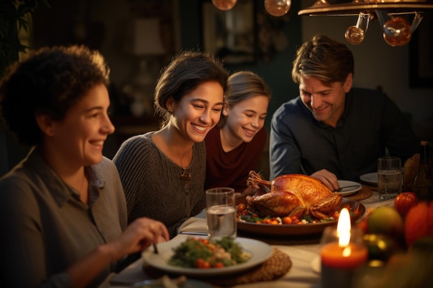 Familie feiert gemeinsam Thanksgiving. Menschen sitzen am Tisch und essen gebratenen Truthahn beim festlichen Abendessen