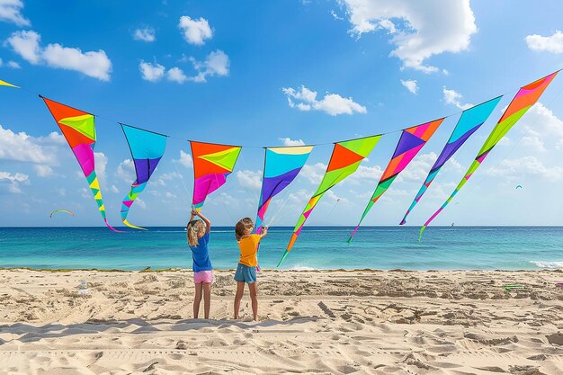 Familie fliegt farbenfrohe Drachen am Strand