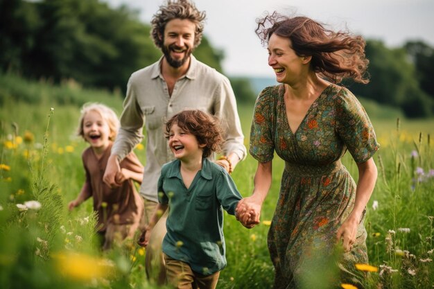 Familie geht durch die Landschaft