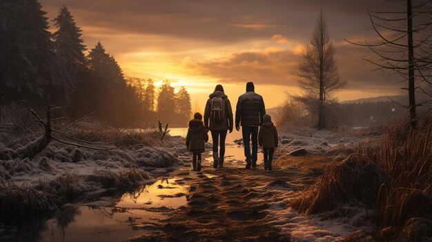 Familie geht im Winterwald spazieren