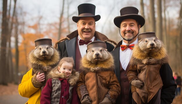 Foto familie, gekleidet in groundhog-kostüme, die ihr lächeln und ihre aufregung einfangen