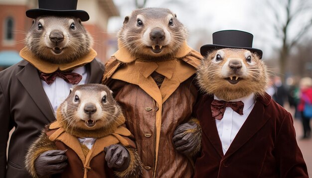 Foto familie, gekleidet in groundhog-kostüme, die ihr lächeln und ihre aufregung einfangen