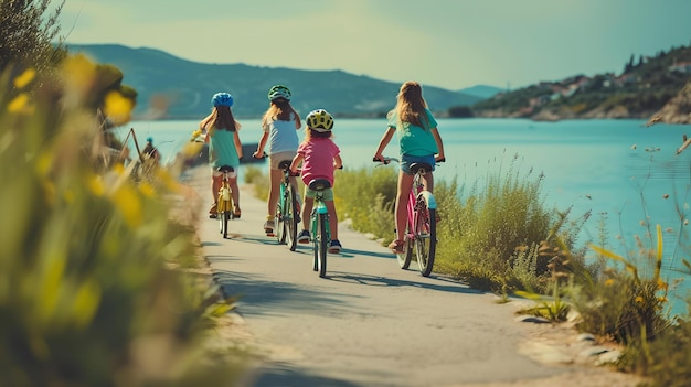 Familie genießt an einem sonnigen Tag eine gemütliche Fahrradfahrt am See. Outdoor-Aktivität Konzept gesunder Lebensstil KI