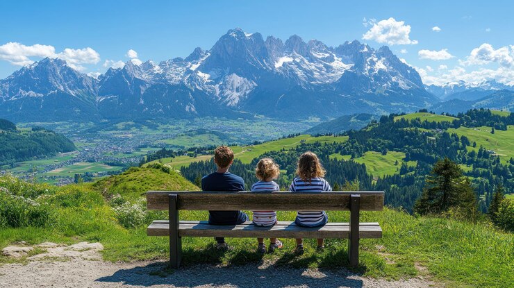 Familie genießt den Bergblick von der Bank 2