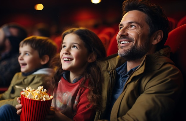 Familie genießt ein Popcorn, während sie im Kino sitzt