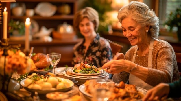 Foto familie genießt ein traditionelles fest mit einer lächelnden älteren frau, die das abendessen serviert