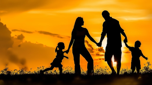 Familie genießt einen spielerischen Moment beim Sonnenuntergang