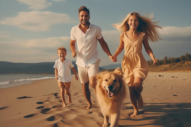 Familie Glückliche junge attraktive Mutter Vater Tochter und Hund amüsieren sich am Strand