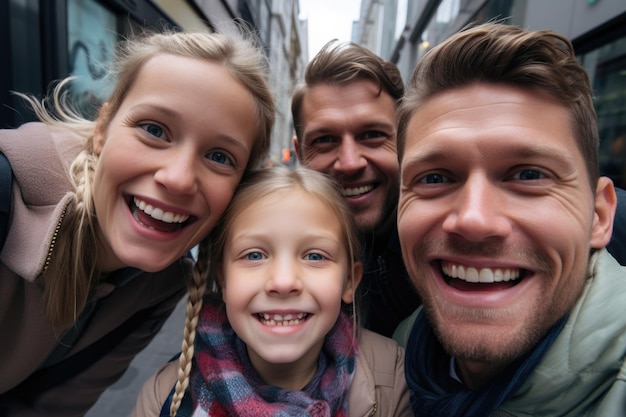 Foto familie glücklicher und überraschter ausdruck stadthintergrund