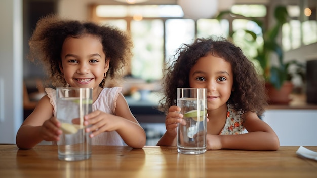 Familie Hydratation Kinder gesunde Lebensweise Gewohnheit Dehydrierung Prävention Konzept Zwei multiracial kleine Mädchen sitzen am Küchentisch Gefühl Durst trinken reines Wasser