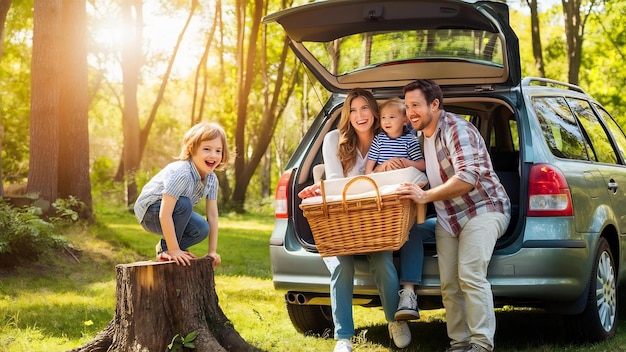 Familie in einem Sommerwald am offenen Stamm