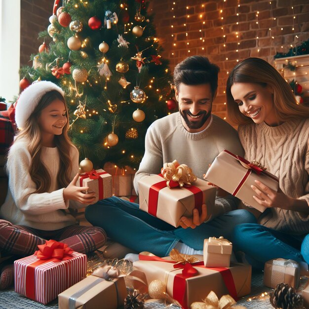 Foto familie in weihnachtskleidung vor dem weihnachtenbaum