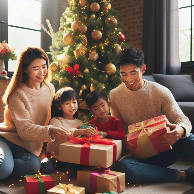 Familie in Weihnachtskleidung vor dem Weihnachtenbaum