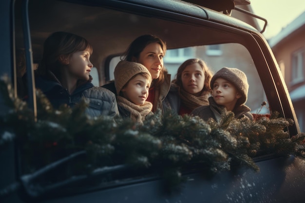 Familie in Winterkleidung trägt Weihnachtsbaum im Auto Weihnachtskonzept erstellt mit KI
