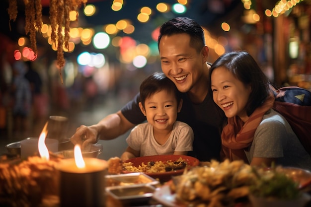 Familie isst nachts fröhlich auf dem Street Food Market