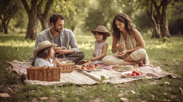 Familie macht ein Picknick auf der Wiese, liebt Campingausflug, Eltern, Kinder, Urlaub, generative KI