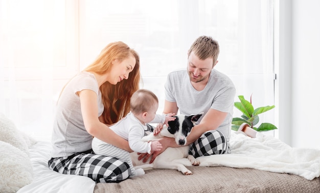 Familie mit Baby, das mit süßem Hund auf dem Bett sitzt. Mutter und Vater halten ihren Sohn auf Beinen und streicheln Hündchen. Schöne Elternzeit. Haustier mit Besitzern