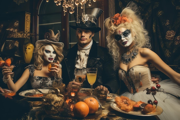 Familie mit Halloween-Kostümen macht ein Selfie auf einer Party