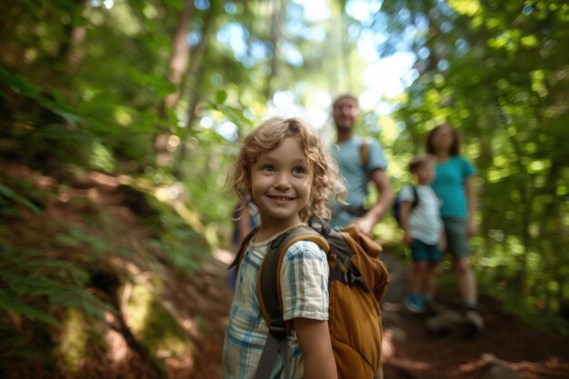 Familie mit Kindern auf Wanderung durch den Wald