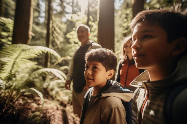 Familie mit Kindern, die durch den Wald wandern