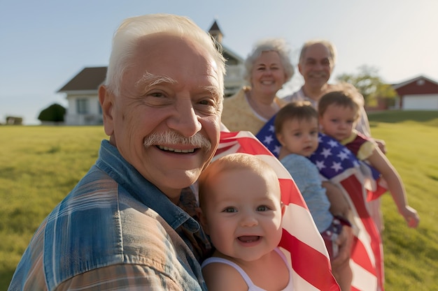 Foto familie mit senioren und baby halten amerikanische flagge grillfeier 4. juli unabhängigkeitstag