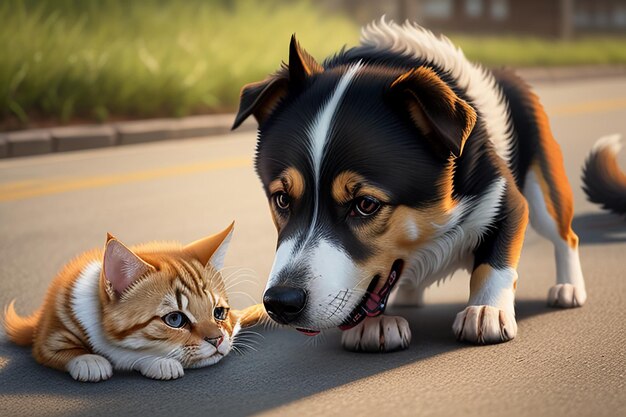 Familie niedlicher Hund und Besitzerjunge, die zusammen Spaß haben, Tapetenhintergrundillustration