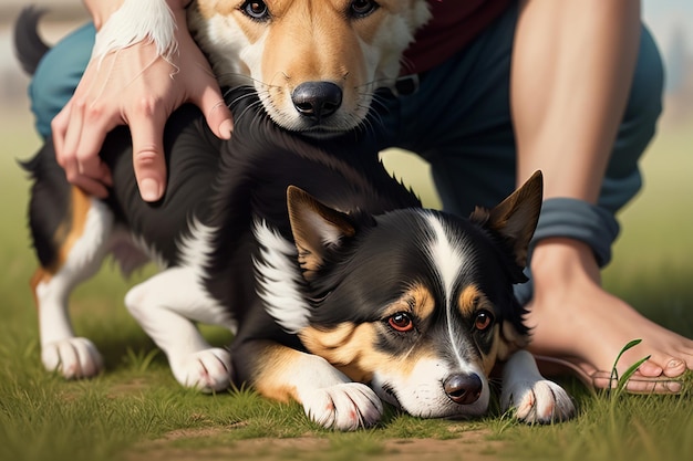 Familie niedlicher Hund und Besitzerjunge, die zusammen Spaß haben, Tapetenhintergrundillustration