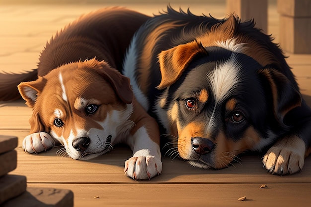 Familie niedlicher Hund und Besitzerjunge, die zusammen Spaß haben, Tapetenhintergrundillustration