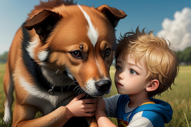 Familie niedlicher Hund und Besitzerjunge, die zusammen Spaß haben, Tapetenhintergrundillustration