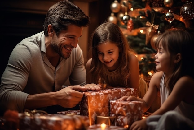 Foto familie öffnet weihnachtsgeschenke