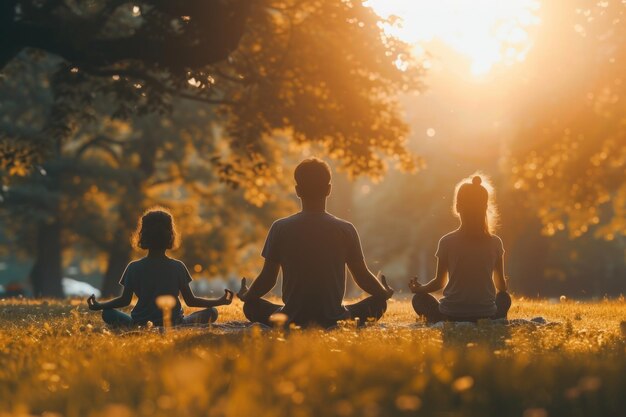 Familie praktiziert Achtsamkeit bei Sonnenuntergang im Park Silhouette drei Menschen meditieren in einem ruhigen Park