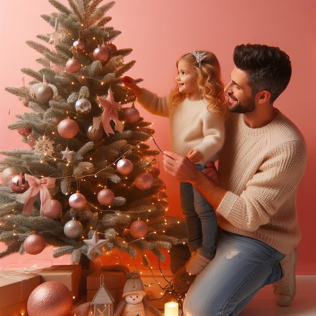 Familie schmückt Weihnachtsbaum