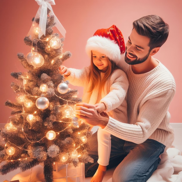 Familie schmückt Weihnachtsbaum