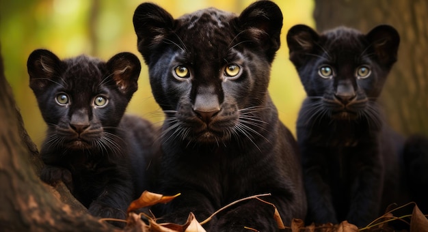 Familie schwarzer Panther in freier Wildbahn