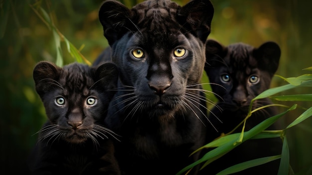 Familie schwarzer Panther in freier Wildbahn