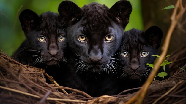 Familie schwarzer Panther in freier Wildbahn