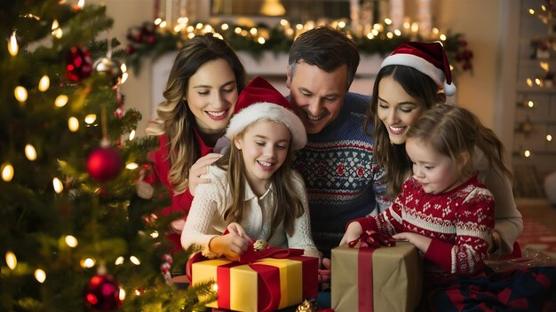 Familie sitzt am Weihnachtsbaum mit der kleinen Tochter und packt Geschenke