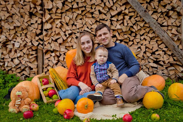 Familie sitzt auf einer Decke in der Natur