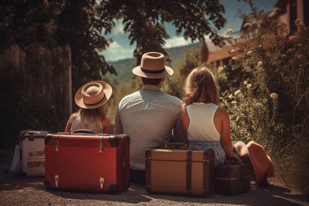 Foto familie sitzt im freien auf einem gepäck und wartet auf die reise