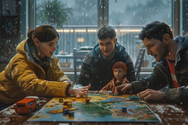 Familie spielt Brettspiele an einem regnerischen Tag